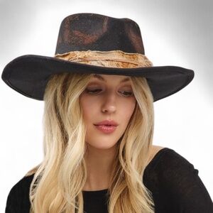 Black & Brown Vintage Inspired Distressed Fabric Band Rustic Western Fedora Hat